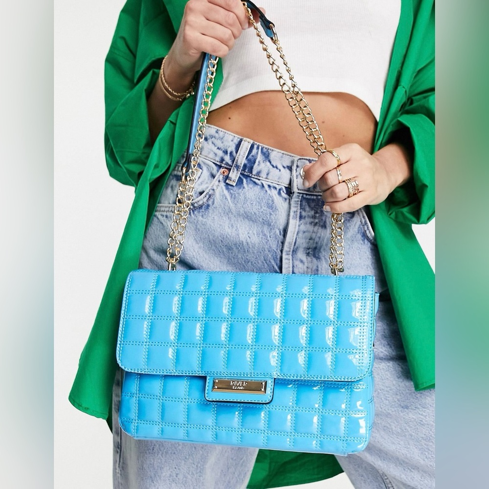 River Island Blue Patent Quilted Shoulder Bag